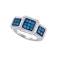 The Diamond Deal 10kt White Gold Womens Round Blue Color Enhanced Diamond Triple Square Cluster Ring 1 Cttw