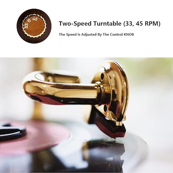 Vintage Classic Retro Phonograph Gramophone Vinyl Record Player Turntable  Bluetooth 4.2, 3.5mm Aux-in/USB/FM Radio with Copper Horn