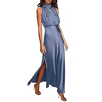 PRETTYGARDEN Women's Long Formal Satin Dress Mock Neck Sleeveless Side Slit Flowy Maxi Tank Dresses (Grey Blue,Medium)