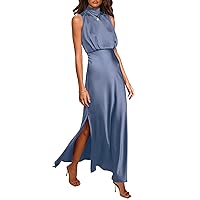 PRETTYGARDEN Womens Thigh Slit Mock Neck Satin Maxi Dress