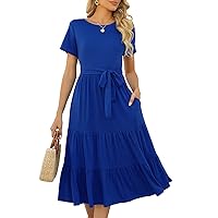 Lyrur Women's Dresses Casual Summer Tiered Midi Dress Short Sleeve Belted Ruffle Babydoll Boho Sundress with Pockets