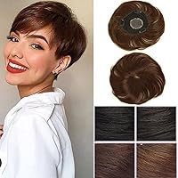 Short Human Hair Toppers Light Brown Seamless Silktop Base Head Spin Hair Topper Wiglet Hairpiece Toupee Clip in Top Hair Piece for Women Covering Grey Hair and Thinning Hair