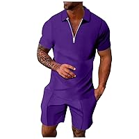 Solid Lapel Shirt and Shorts Set Summer Beach Quarter-Zip Short Sleeve T-Shirt Soft Comfortable Outfits