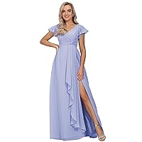 Twisted Flower Bridesmaid Dresses V Neck Chiffon Wedding Party Dress Slit Ruffled Sleeve Formal Gowns with Pockets