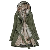 Womens Plush Jackets,Long Solid Hooded Padded Fleece Coat Belted Military Parkas Straight A Line Slim Autumn Winter