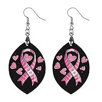 Breast Cancer Awareness Ribbon Wood Dangle Earrings Teardrop Pendant Drop Earrings Jewelry for Women Gifts