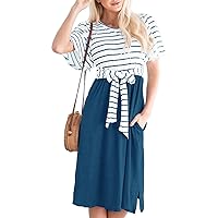 MEROKEETY Women's 2024 Summer Striped Ruffle Sleeves Tie Waist Pockets Casual Swing Midi Dress