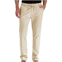 Mens Straight Leg Pants Casual Plain Elastic Waist Trousers Wrinkle-Resistant Flat-Front Pants Loose Beach Pants