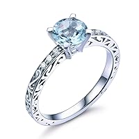 7mm Round Cut Natural Blue Aquamarine 14k White Gold Filigree Floral Style Engagement Ring Wedding Band