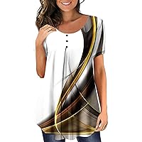 Womens Tops Trendy,Womens Casual 3D Print Round Neck Ruched Short Sleeve Shirts Loose Flowy Button Down Tunic Tops