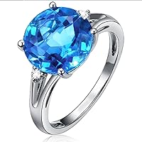 Swiss Blue Natural Topaz Gemstone Prong Diamond Engagement Wedding 14K White Gold Band Ring Set for Women