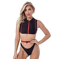 iiniim Women's Sexy Mock Neck Stripe High Cut Thong 3Pcs Bikini Sets Swimsuit with Waist Belt