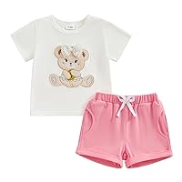 Gueuusu Toddler Baby Girl Summer Clothes Short Sleeve Bear Embroidery T-shirt and Casual Shorts Infant Bear Printing Outfit