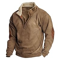 Mens Quarter Zip Sherpa Pullover with Elbow Patches Fuzzy Long Sleeve Polo Sweater Fleece Sweatshirts Tactical Shirt Tops