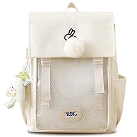 Kawaii Backpack with Cute Accessories Rabbit 16.9 Inch Bookbags Lightweight Laptop Bag Travel Daypacks (White)