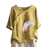 Linen Shirts for Women Summer Casual Blouse Slanted Button Crewneck Loose Feather Print Short Sleeve T-Shirt Tops