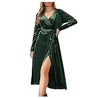 Elegant Formal Velvet Dress for Women Fall Winter Long Sleeve Midi Dress Plus Size Sexy V Neck Ruched Slit Dress