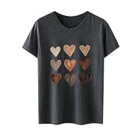 TUNUSKAT Women Cute T-Shirt Valentine's Day Kawaii Heart Print Short Sleeve Tops Pullover Casual Crewneck Cotton Tees Blouse