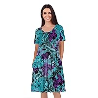 Women's Short Sleeve Empire Knee Length Dress with Pockets Blue Leaves/Florals