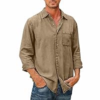 Mens Linen Shirt,Plus Size Long Sleeve Baggy Solid Shirt Summer Lightweight Casual Fashion T-Shirt Blouse Top Trendy 2024 Outdoor Tees Khaki XXXXL