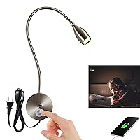 Touch Switch Dimmable Reading Light Wall Mounted Reading Light headboard Reading Light Task Directional LED Gooseneck Light AC (120V) Powered 3W (Brushed Nickel, Warm White)