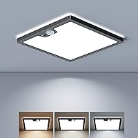 Motion Sensor LED Ceiling Light Wired, 18W 1800LM Flush Mount Light Fixture with 3 Timer, 3000K 4000K 5000K Selectable, Square Motion Ceiling Light for Closet Porch Stairs Hallway, Black
