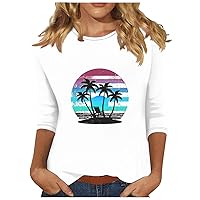 Womens Tops 3/4 Sleeve Crewneck Cute Shirts Casual Sunset Print Trendy Tops Three Guarter Length T Shirt Summer Pullover