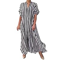 Women's Summer Dresses Fashion Side Split Stripe Cardigan Short Sleeve Dress Casual Bride Dress(Black,5X-Large)