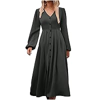 Women's Button Down High Waist A-Line Dress Premium Swing Midi Dresss Lantern Long Sleeve Casual Loose Shirt Dresses