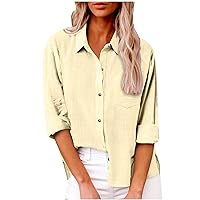 Womens Tops,Linen Tops for Women Long Sleeve Collared Button Up Shirts 2024 Fashion Loose Fit V Neck Blouse with Pocket Ladies' Short Sleeves