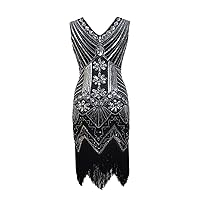 Women's Retro 1920s Flapper Dresses Roaring 20s V Neck Beaded Fringed Sequin Art Deco Flapper Vintage Great Gatsby Costumes Charleston Cocktail Party Dress(A Black S)