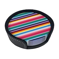 Colorful Mexican Stripes Print Leather Coasters Set of 6 Waterproof Heat-Resistant Drink Coasters Round Cup Mat with Holder for Living Room Kitchen Bar Coffee Decor