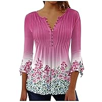 Womens Flowy Hem V Neck Shirts Short Sleeve Pleats Fashion Casual Blouse Tees Floral Printed Loose T-Shirt Tops