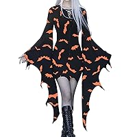 Blue Spring Dresses for Women 2024 Long, Halloween Day Women Batwing Sleeve Print Tie V Neck Cosplay Sexy Slim