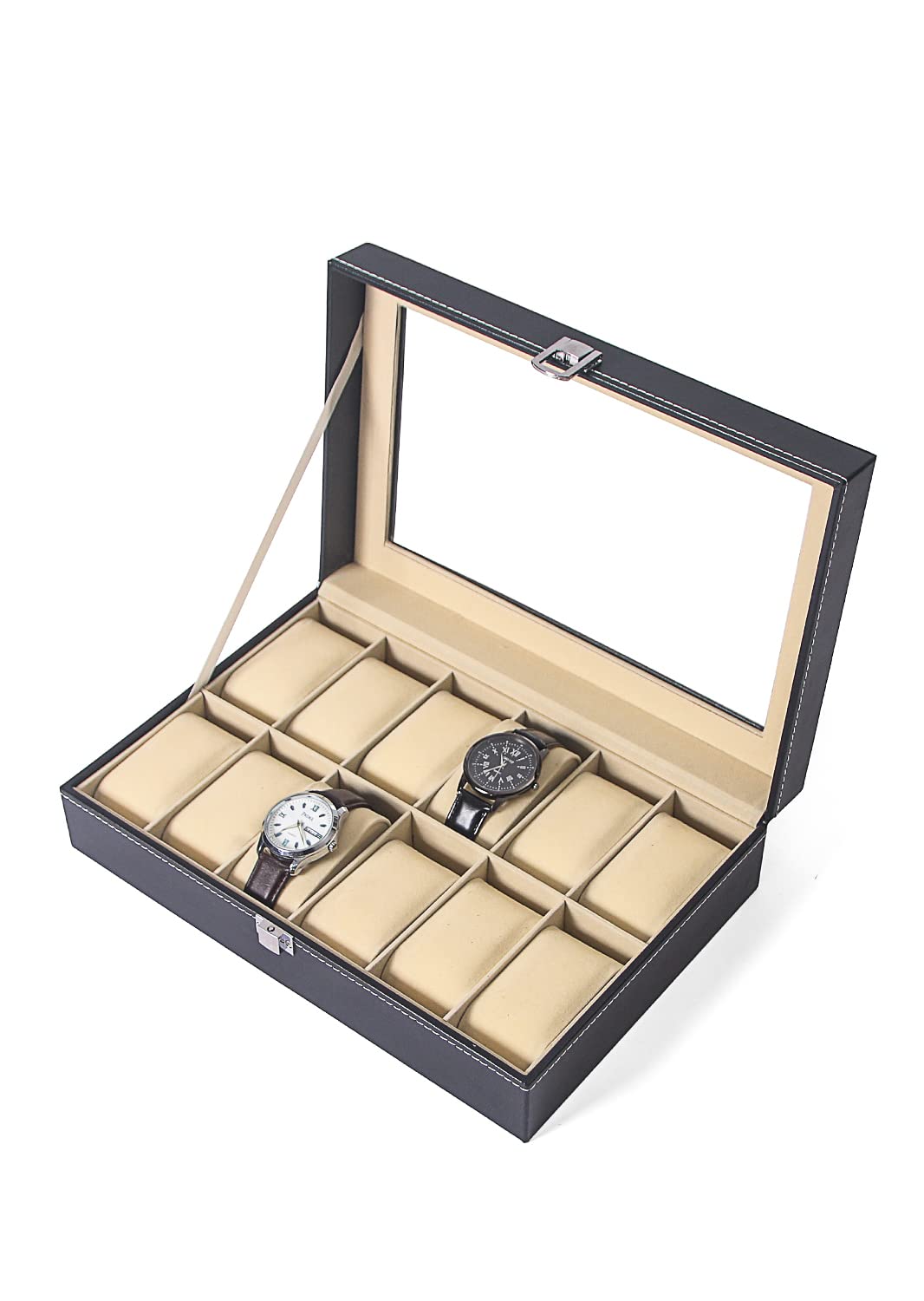 Ausalivan Watch Case,Watch Holder Organizer Box,12 Grid Watch Storage Display Tray, Black Jewelry Travel Box For Men
