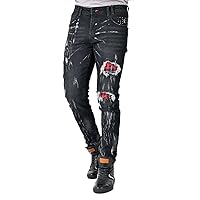Barabas Men's Ripped Plaid Patches Rhinestone Spike Denim Jeans SN8864