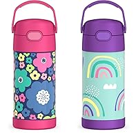 THERMOS FUNTAINER 12 Ounce Kids Water Bottle with Straw, Mod Flowers & Rainbows Prints