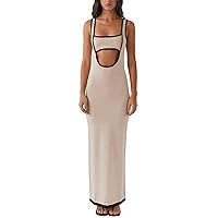 Bodycon Knit Maxi Dress for Women Cutout Backless Tank Dress Sleeveless U Neck Ribbed Dress Long Beach Sundress （Sexy Apricot，Medium）