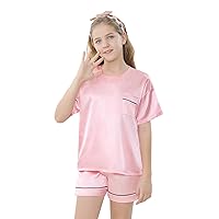 Schbbbta Girls Silk Pajamas Set, Satin Crewneck Nightwear Button-Down Sleepwear
