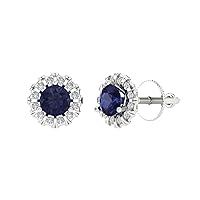 1.30Ct Round Cut Lab Created Blue Sapphire14k White Gold Plated 925 Sterling Silver Push Back Flower Stud Earring