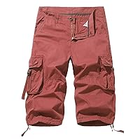 Mens Lightweight Multi Pocket Cargo Shorts Cotton Solid Color Slim Fit Outdoor Sweatpants Zipper with Button Closure