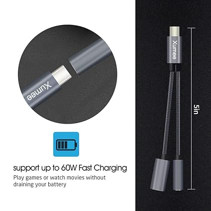 Xumee USB Type C to 3.5mm Headphone and Charger Adapter, 2-in-1 USB C to Aux Audio Jack Hi-Res DAC and Fast Charging Dongle Cable Compatible with iPhone 15 Pro Max,Galaxy S24 S23 Ultra S22 S21 (Grey)