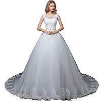 Round Neck Train Wedding Dress with Backless Bow for Bridal