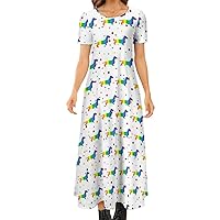 Rainbow Daschund Women's Summer Casual Short Sleeve Maxi Dress Crew Neck Printed Long Dresses