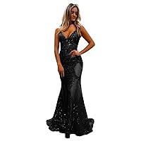 Maxianever Plus Size Lace Bodycon Sequin Mermaid Prom Dresses Long Sparkly Spaghetti Straps Formal Evening Gowns Backless Black US20 Plus