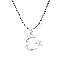 925 Sterling Silver Crescent Moon Star Men's Necklace with Foxtail Chain