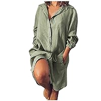LFEOOST Long Sleeve Dresses for Women Plus Size Summer Casual Lapel Button Double Pocket Loose Cotton Linen Long Shirt Dress