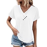 Womens Tops Summer Button Solid Color Ruched Short Sleeve Loose Shirts Basic Dressy Blouse Ladies 2024 Outfits