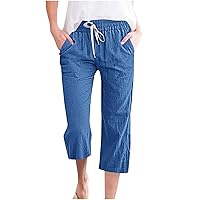 Beach Capri Pants Women Summer Casual Straight Leg Calf Length Pants Elastic Waist Lightweight Pants with Pockets