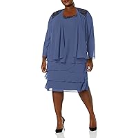 S.L. Fashions Women's Plus Size Mother of The Bride Chiffon Jacket Dress with Embellished Shoulder, Wedgewood, 24W
